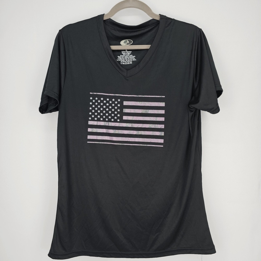 Mossy Oak Fishing Womens L Performance Shirt Short Sleeve Black American Flag